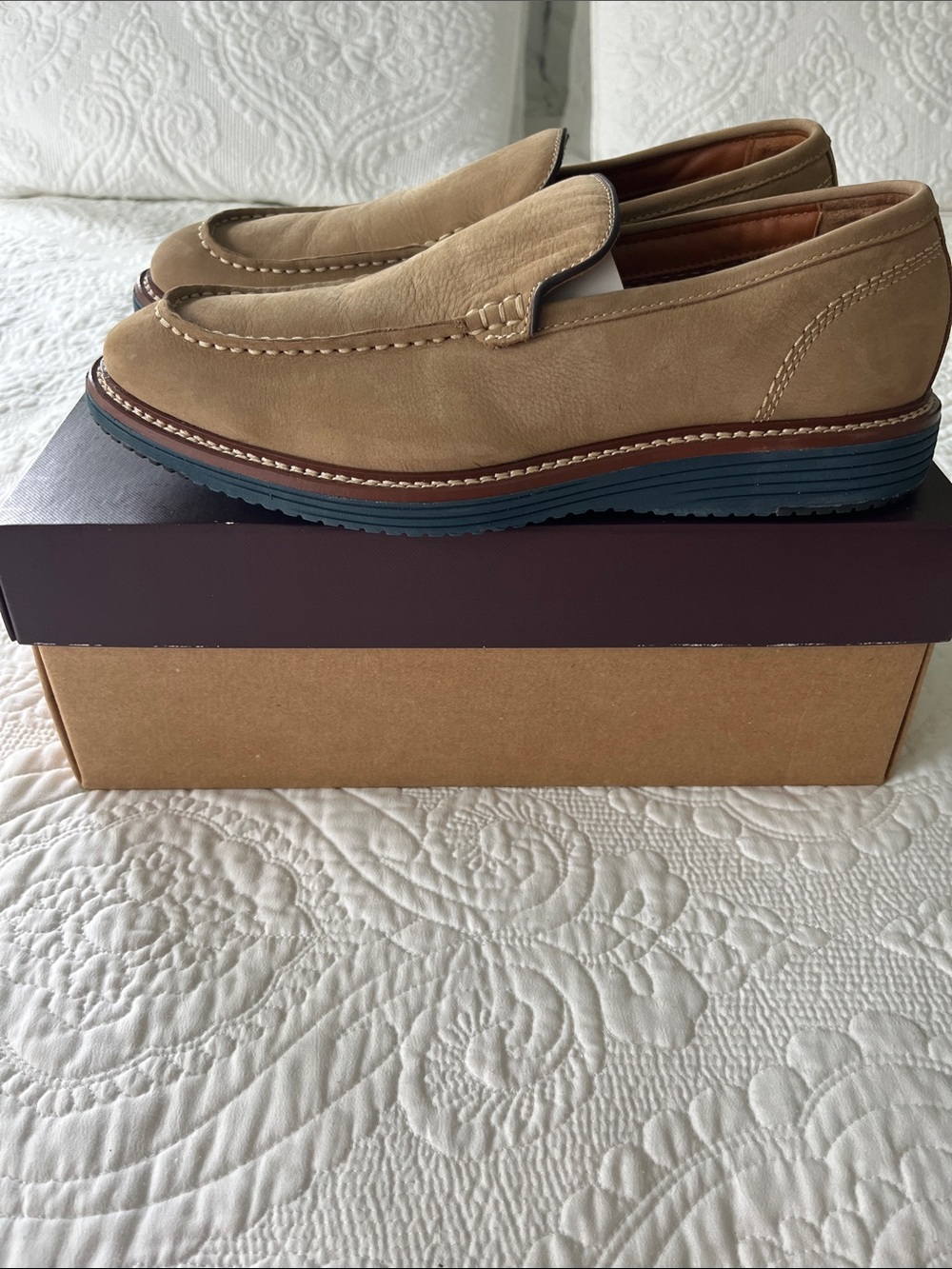 Johnston and Murphy Tan Upton Venetian Loafers Suede with Blue Soles